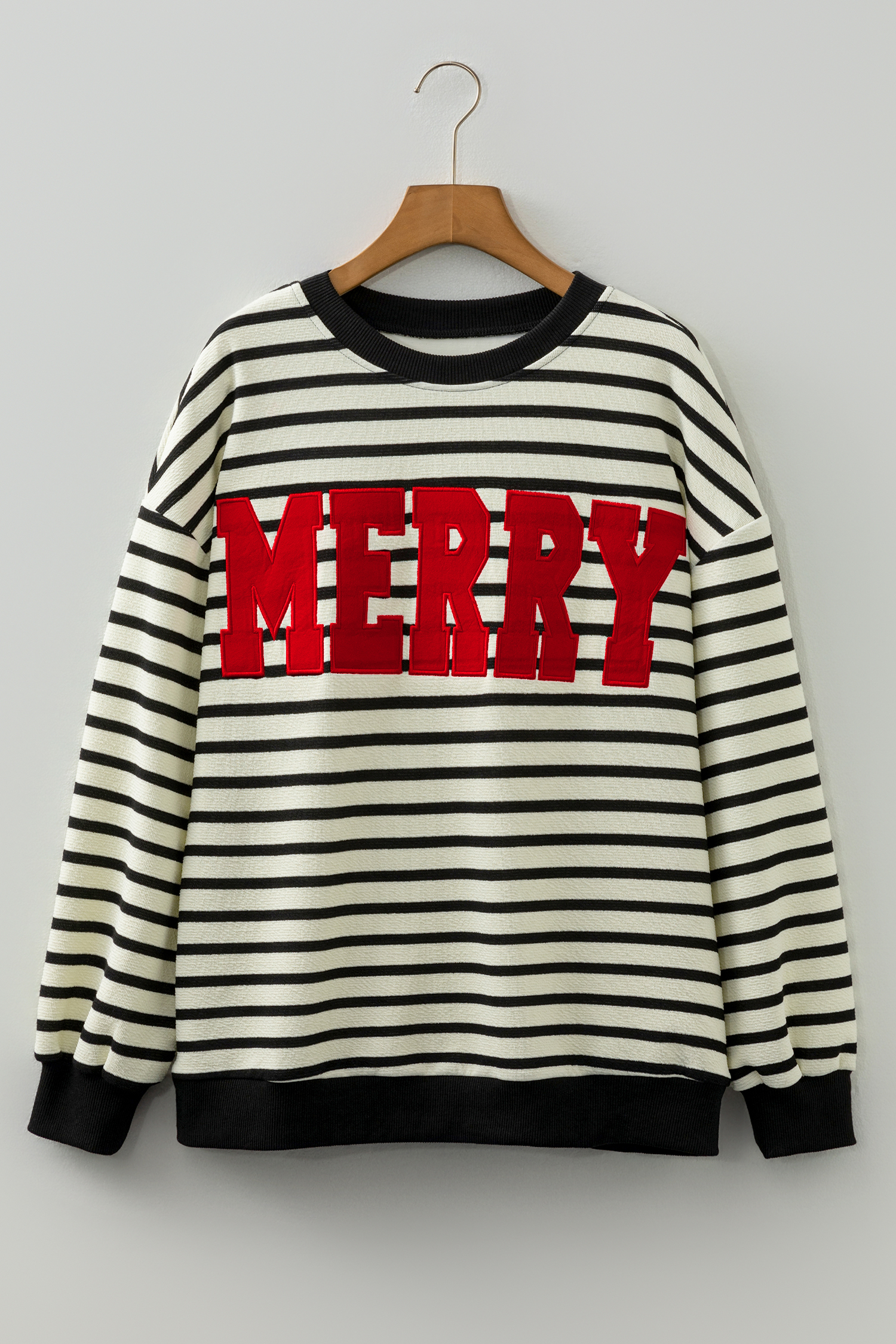White Stripe Contrast MERRY Letter Christmas Print Drop Shoulder Sweatshirt - loveforevers