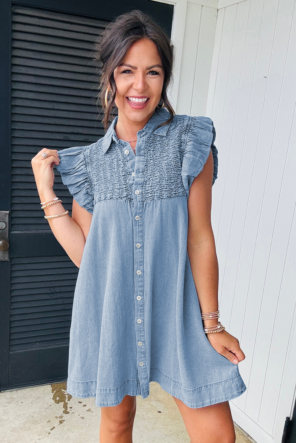 Beau Blue Flutter Sleeve Shirred Detail Button Up Denim Mini Dress - loveforevers