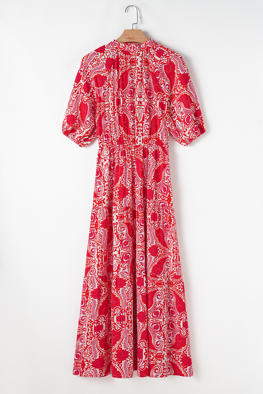 Red Paisley Print Side Slit Puff Sleeve High Waist Maxi Dress - loveforevers