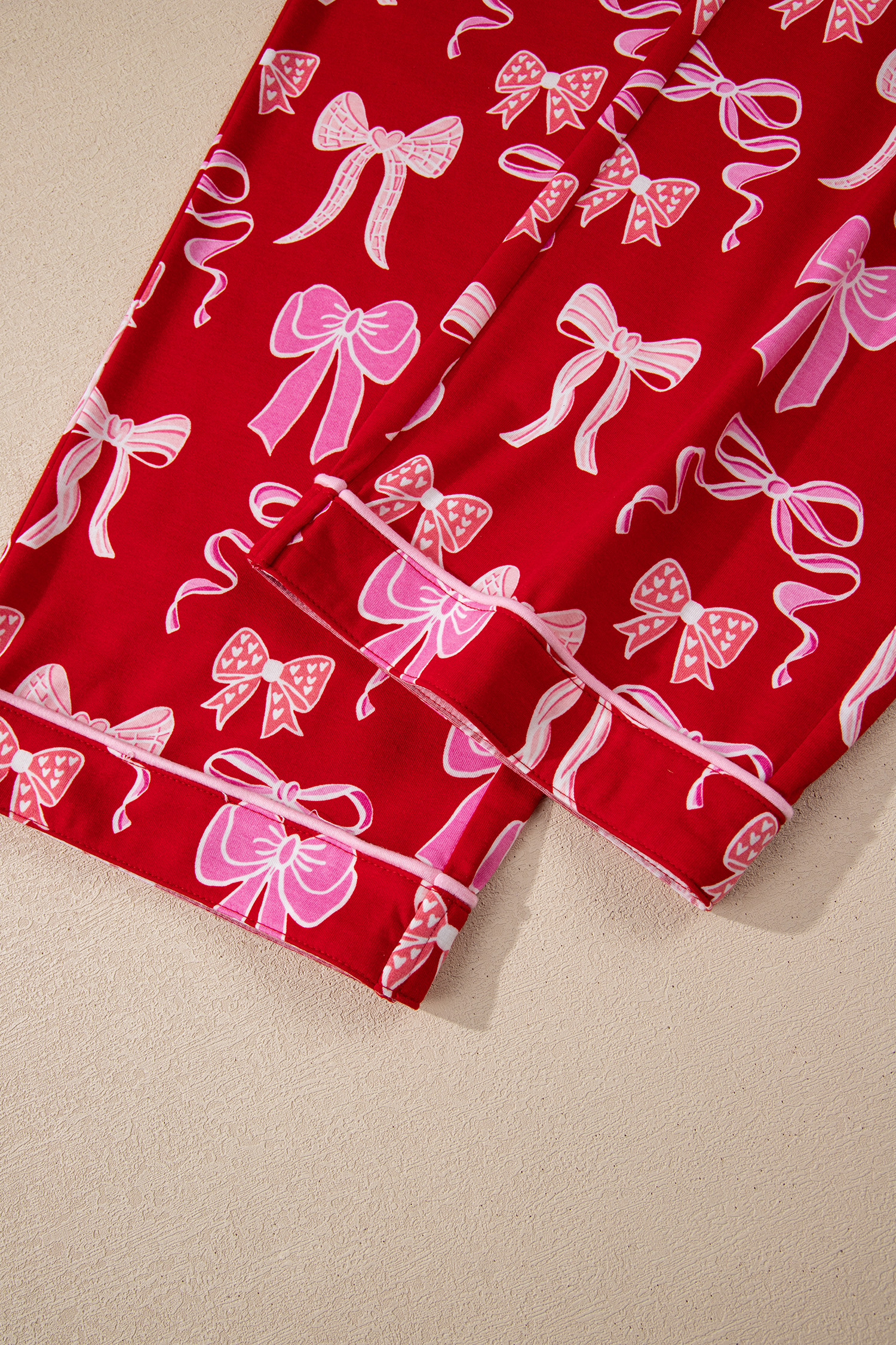 Red Sweet Bow Print Shirt Style Top Long 2pcs Pajama Set - loveforevers