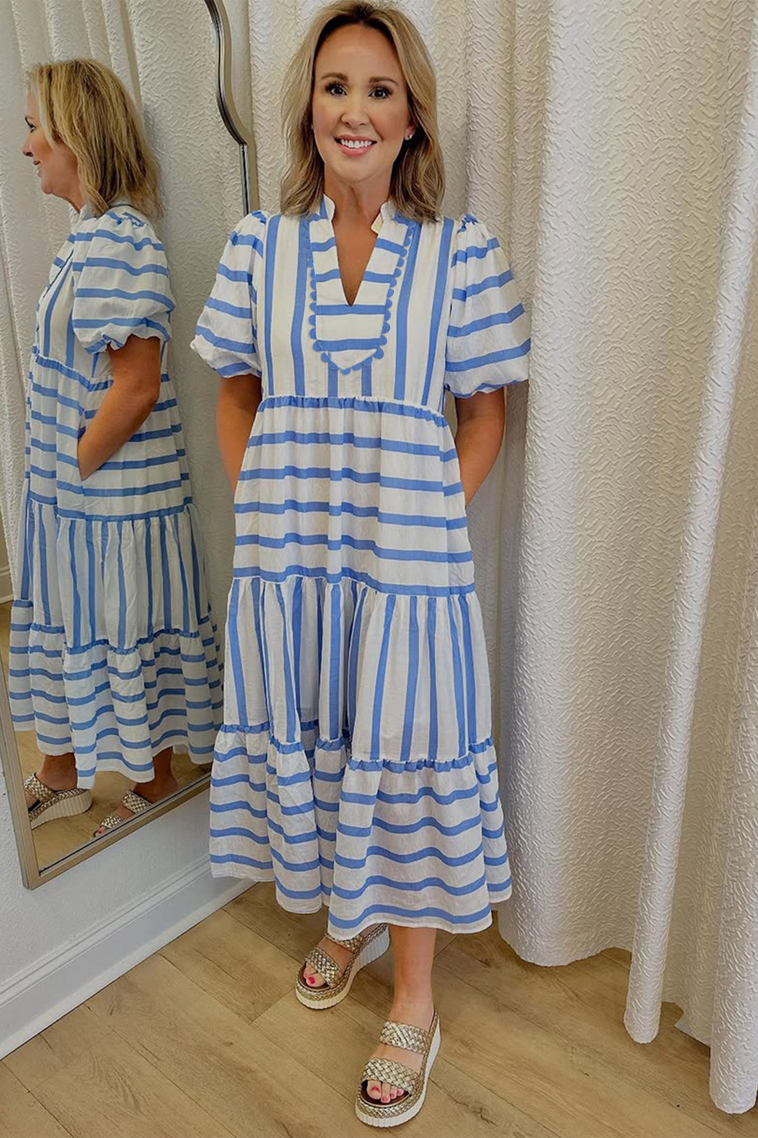 Sky Blue Stripe Ricrac Trim Notched Neck Half Sleeve Vacation Dress - loveforevers