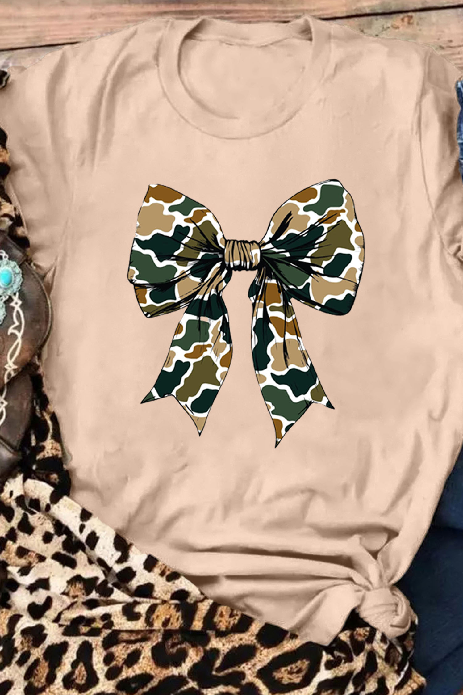 Khaki Camouflage Big Bow Print Womens Casual Tee - loveforevers
