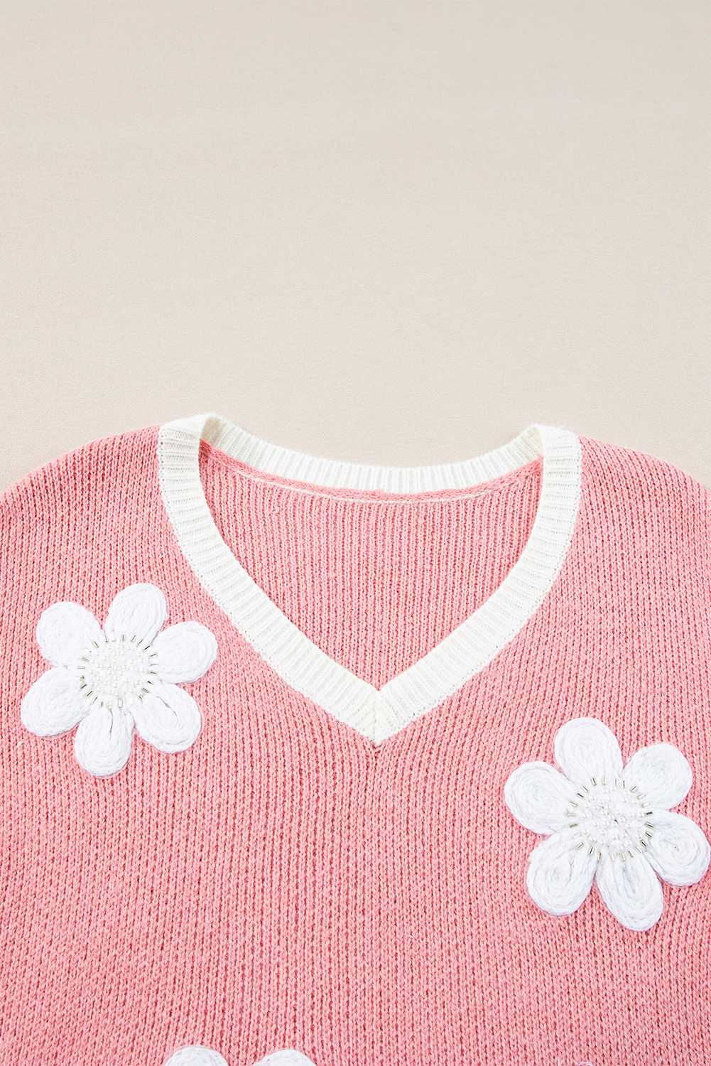 Pink Flower V Neck Dropped Shoulder Sweater - loveforevers