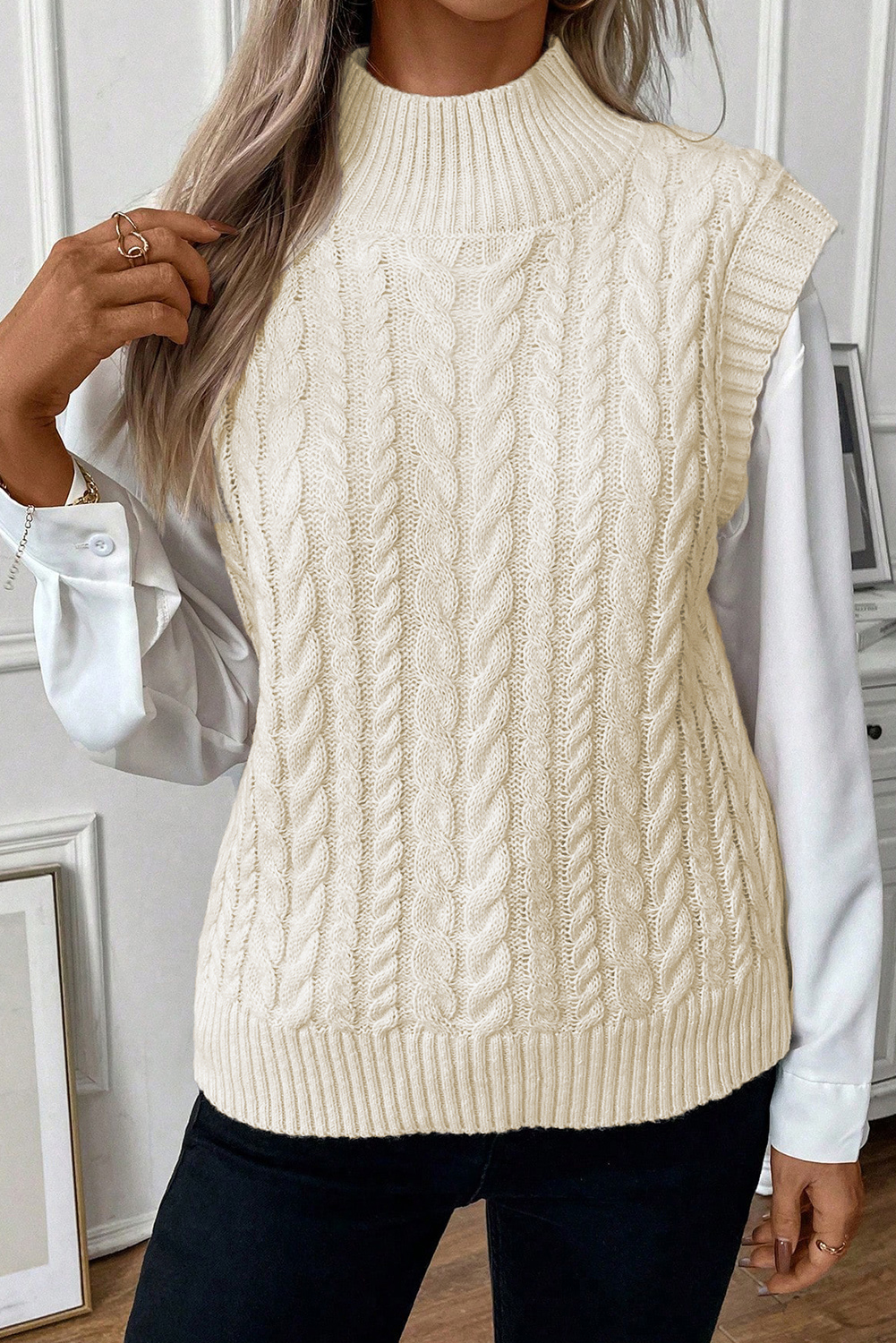 Oatmeal Cable Knit High Neck Sweater Vest - loveforevers