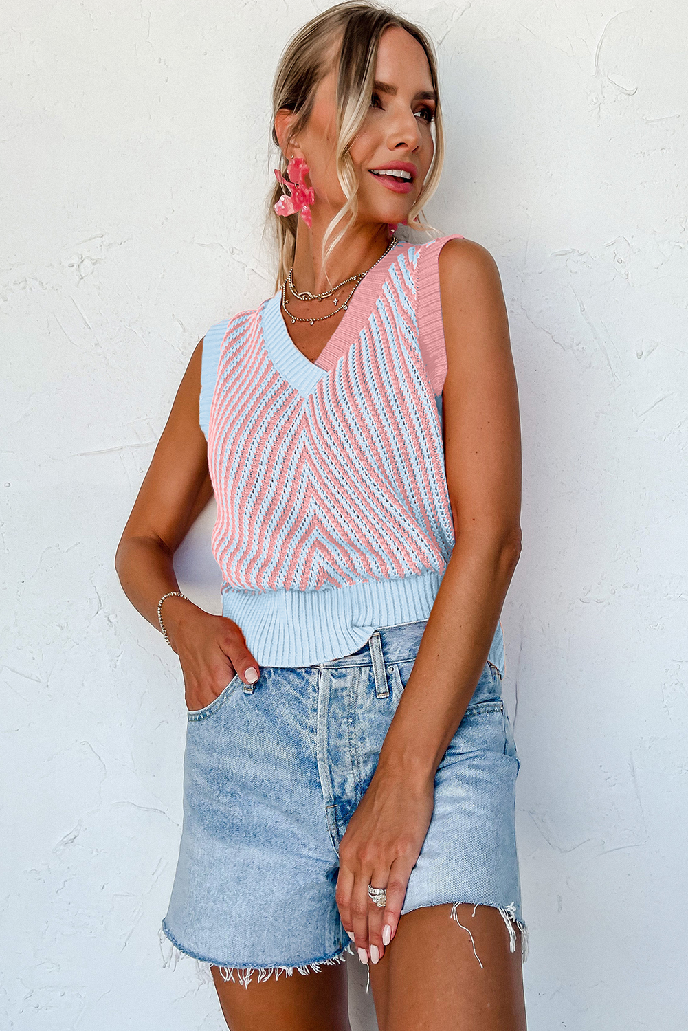 Black Contrast Chevron Knit V Neck Sweater Vest - loveforevers