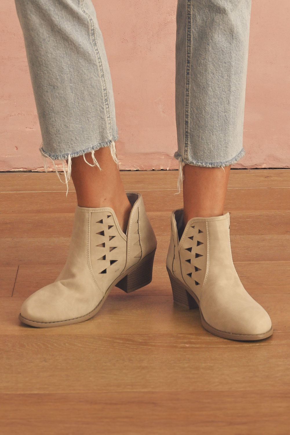 Parchment Cut Out Suede Pointed Toe Heeled Ankle Boots - loveforevers