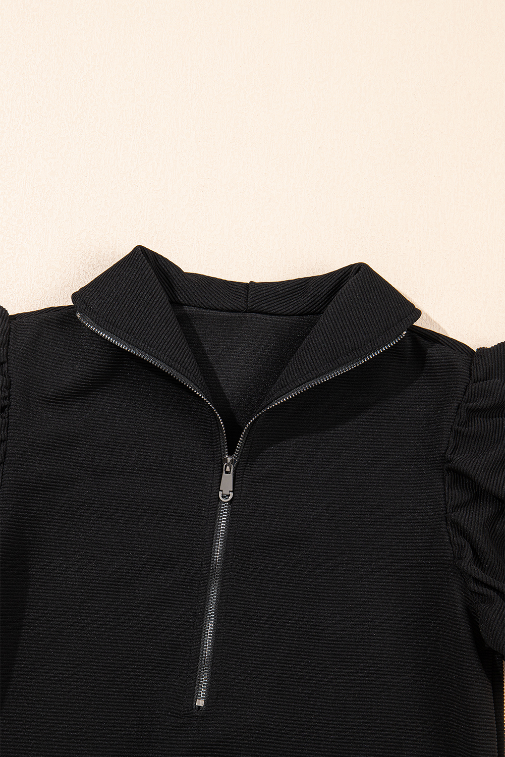 Black Textured Ruffled Sleeve Zipped Top and Wide Leg Pants Set - loveforevers