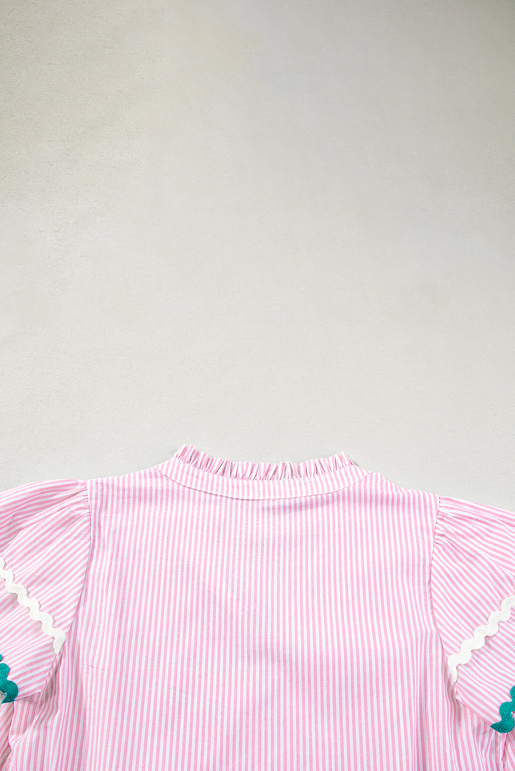 Sky Blue Stripe Ricrac Trim Split Neck Striped Ruffled Sleeve Blouse - loveforevers