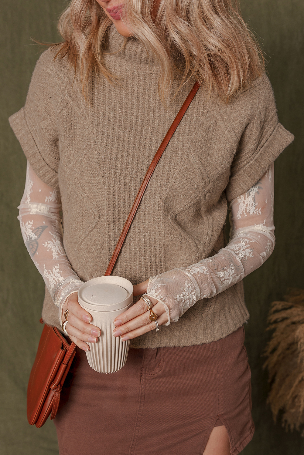 Smoke Gray Textured Knit High Neck Sweater T Shirt - loveforevers