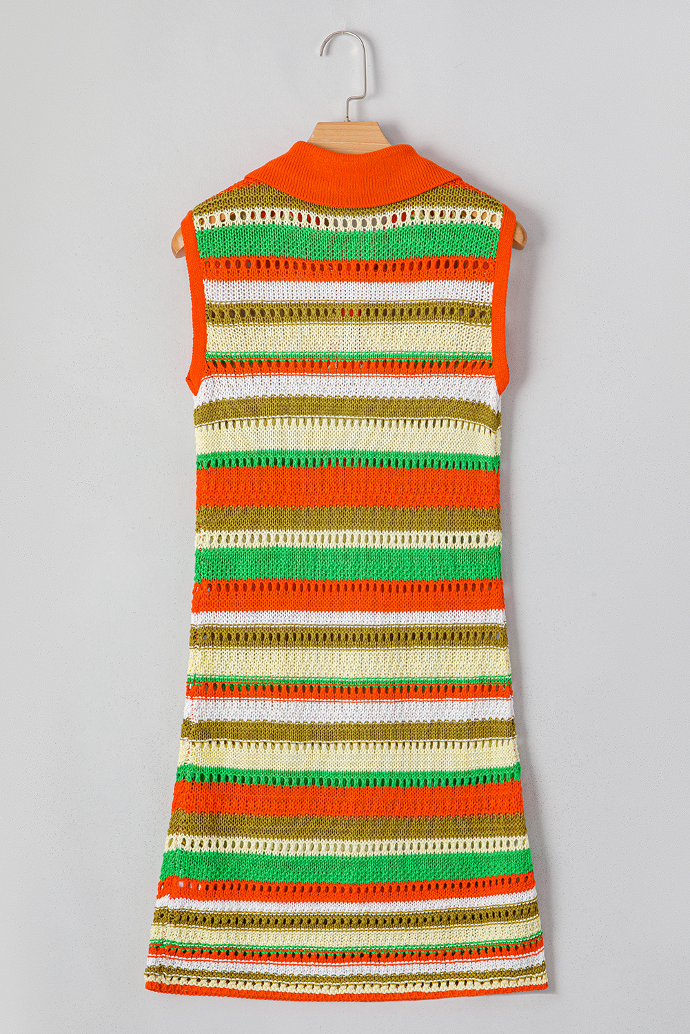 Yellow Stripe Eyelet Sleeveless Buttoned Split Neck Sweater Dress - loveforevers