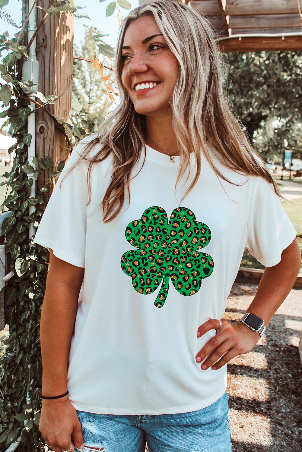 Black St. Patricks Lucky Clover Print O Neck T Shirt - loveforevers