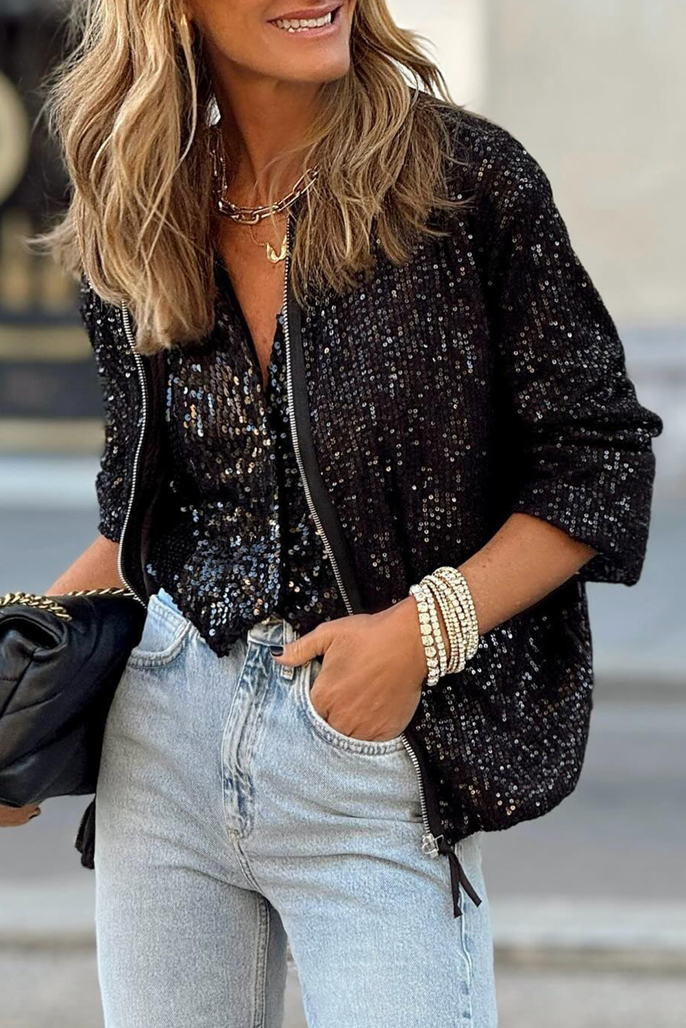 Black Sequin Zip up Round Neck Long Sleeve Jacket - loveforevers