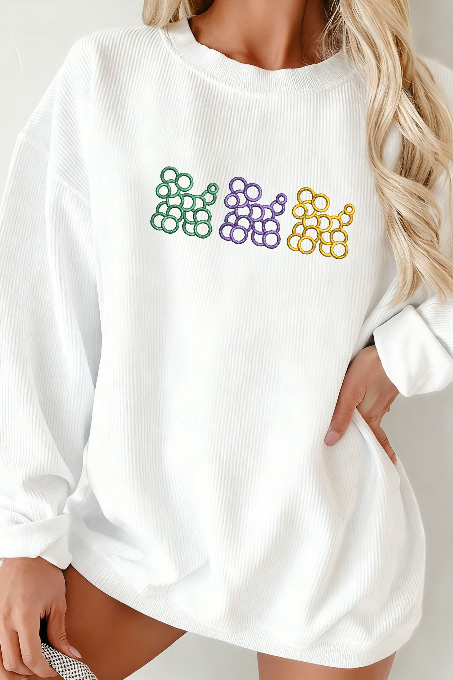White Mardi Gras Cute Balloon Dogs Embroidered Corded Ribbed Sweatshirt - loveforevers
