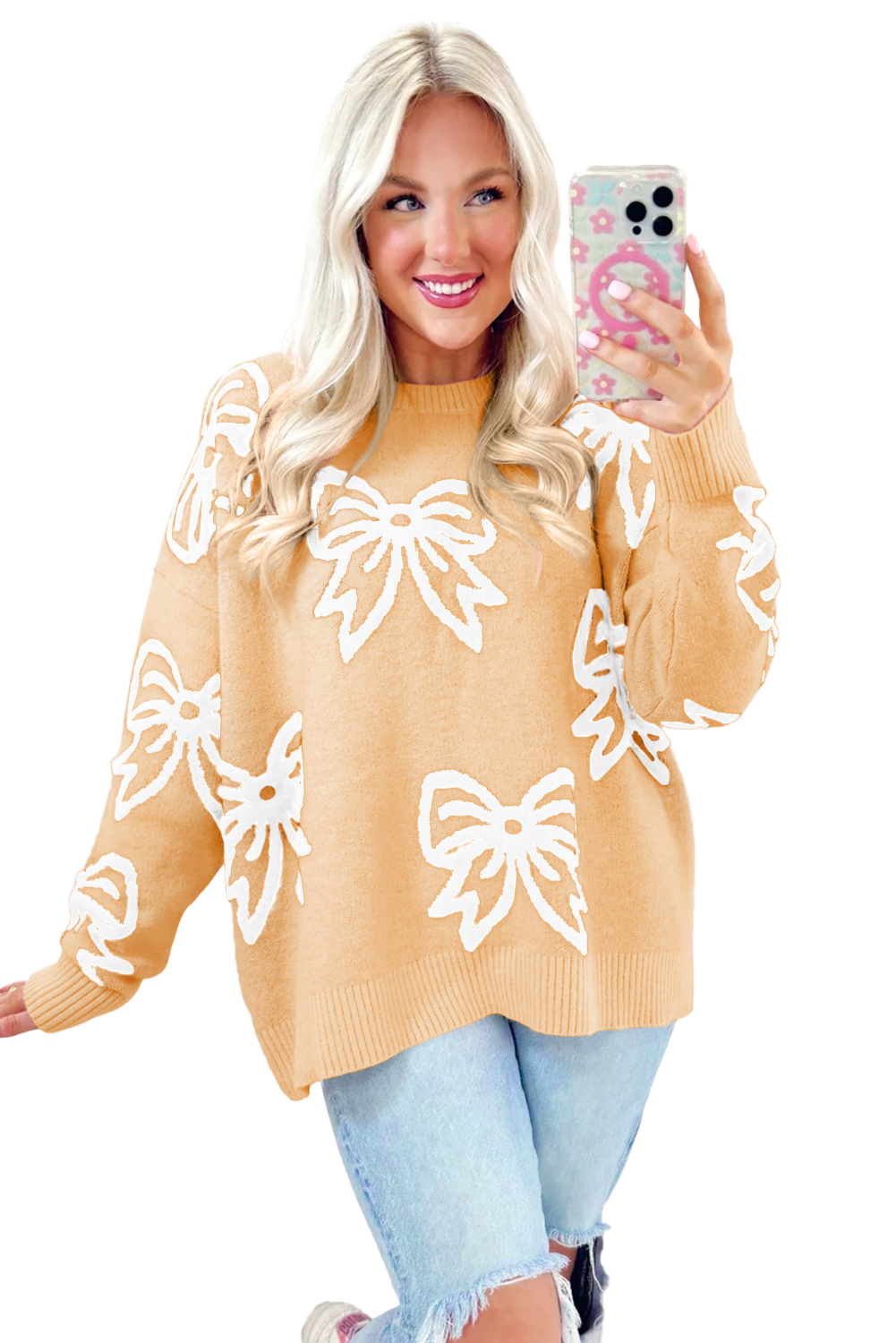 Golden Fleece Bow Pattern Drop Shoulder Loose Sweater - loveforevers