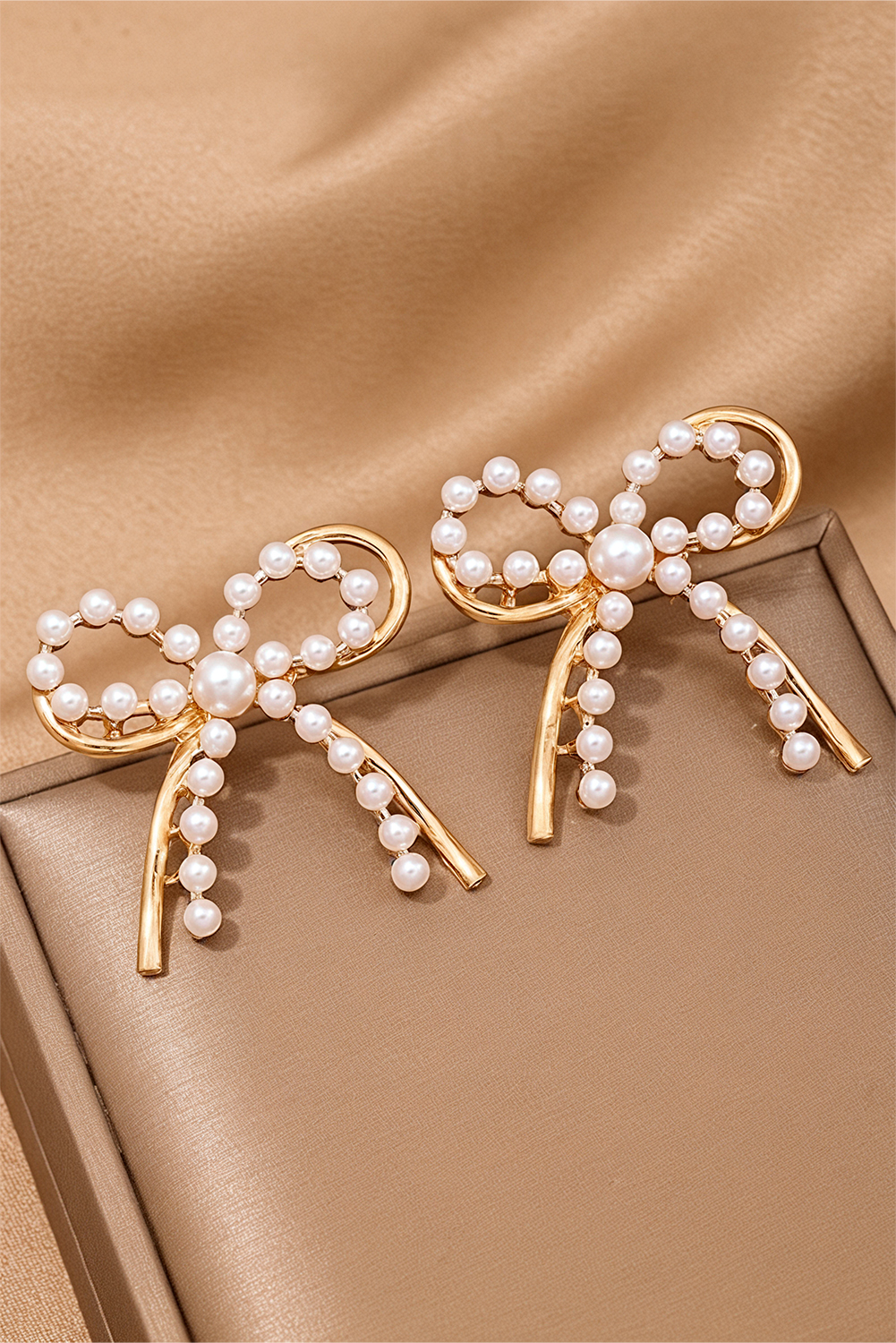 Gold Pearl Embellished Alloy Bow Knot Stud Earrings - loveforevers