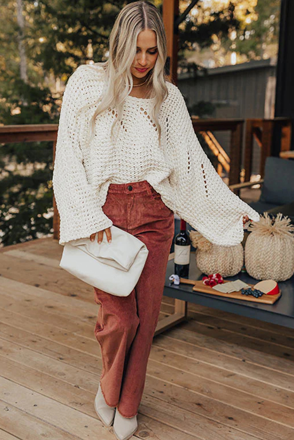 Camel Hollowed Detail Wide Sleeve Loose Pullover Sweater - loveforevers