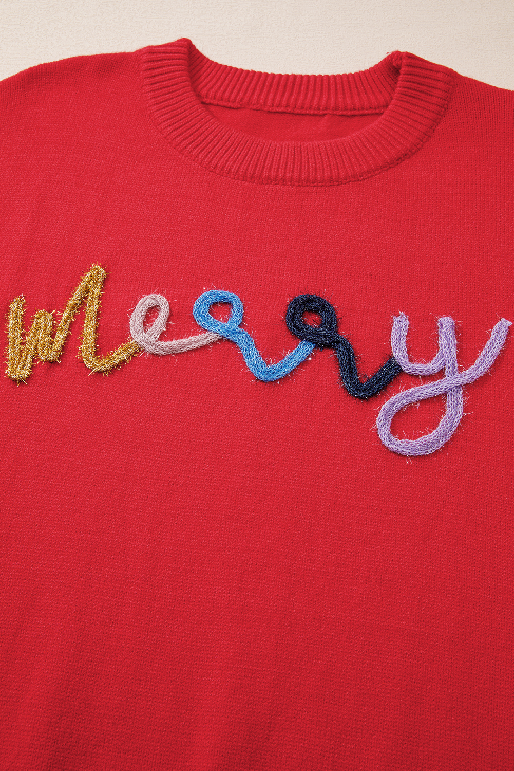 Fiery Red Tinsel Merry Letter Drop Shoulder Baggy Sweater - loveforevers