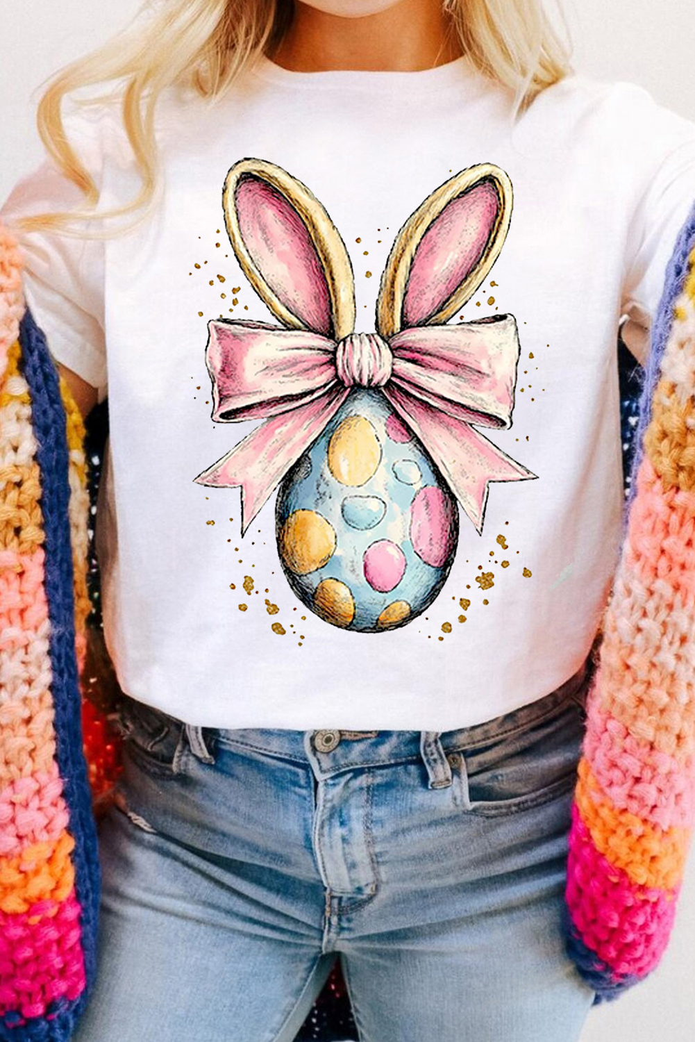 White Easter Egg Bow Bunny Ear Printed T Shirt - loveforevers