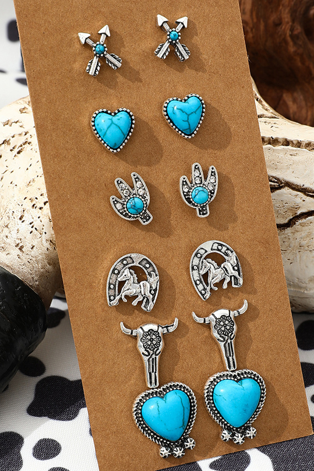 Silvery 6 Pairs Western Turquoise Alloy Stud Earrings - loveforevers