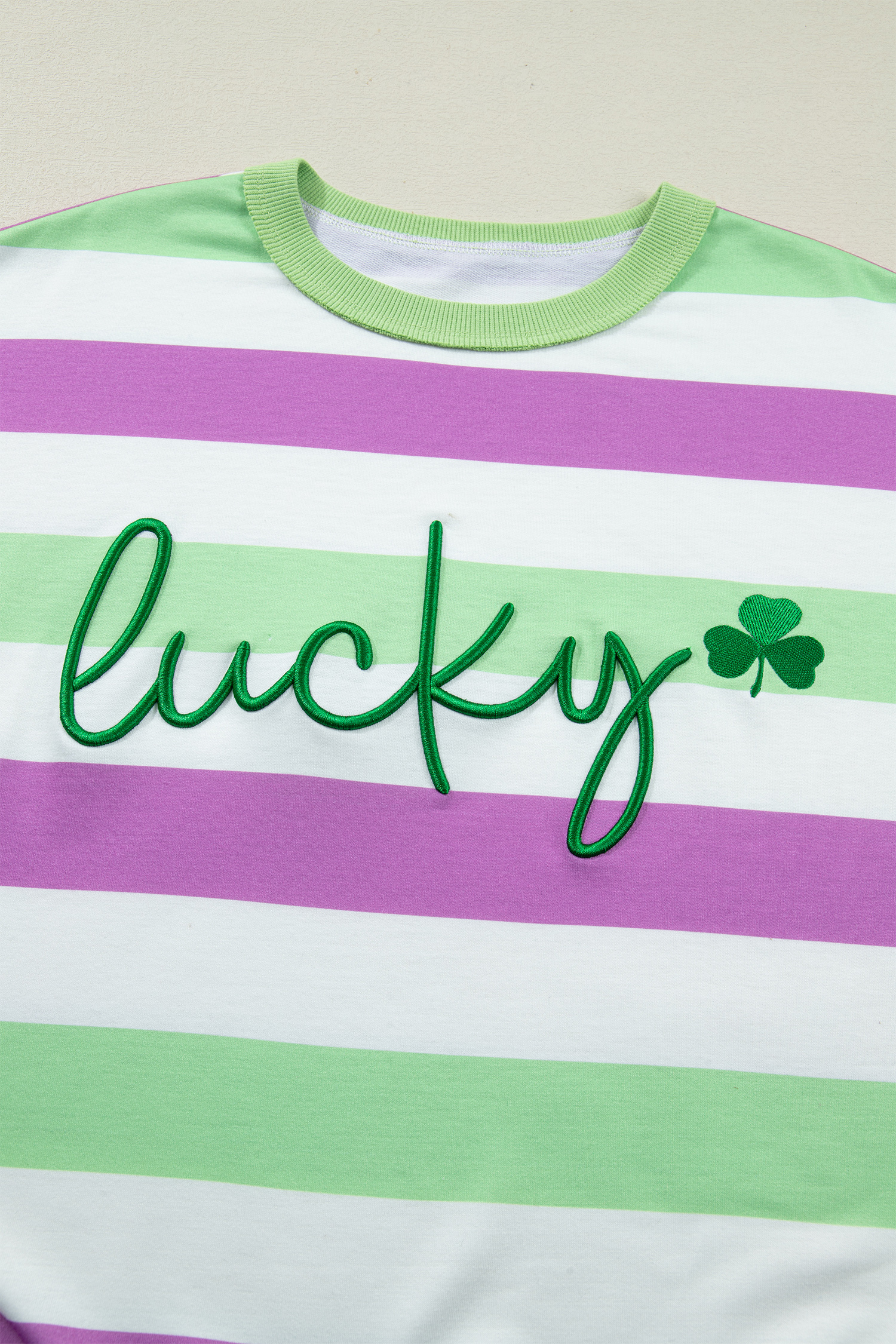 Green Stripe Lucky Clover Embroidered Graphic Dolman Loose Tee - loveforevers