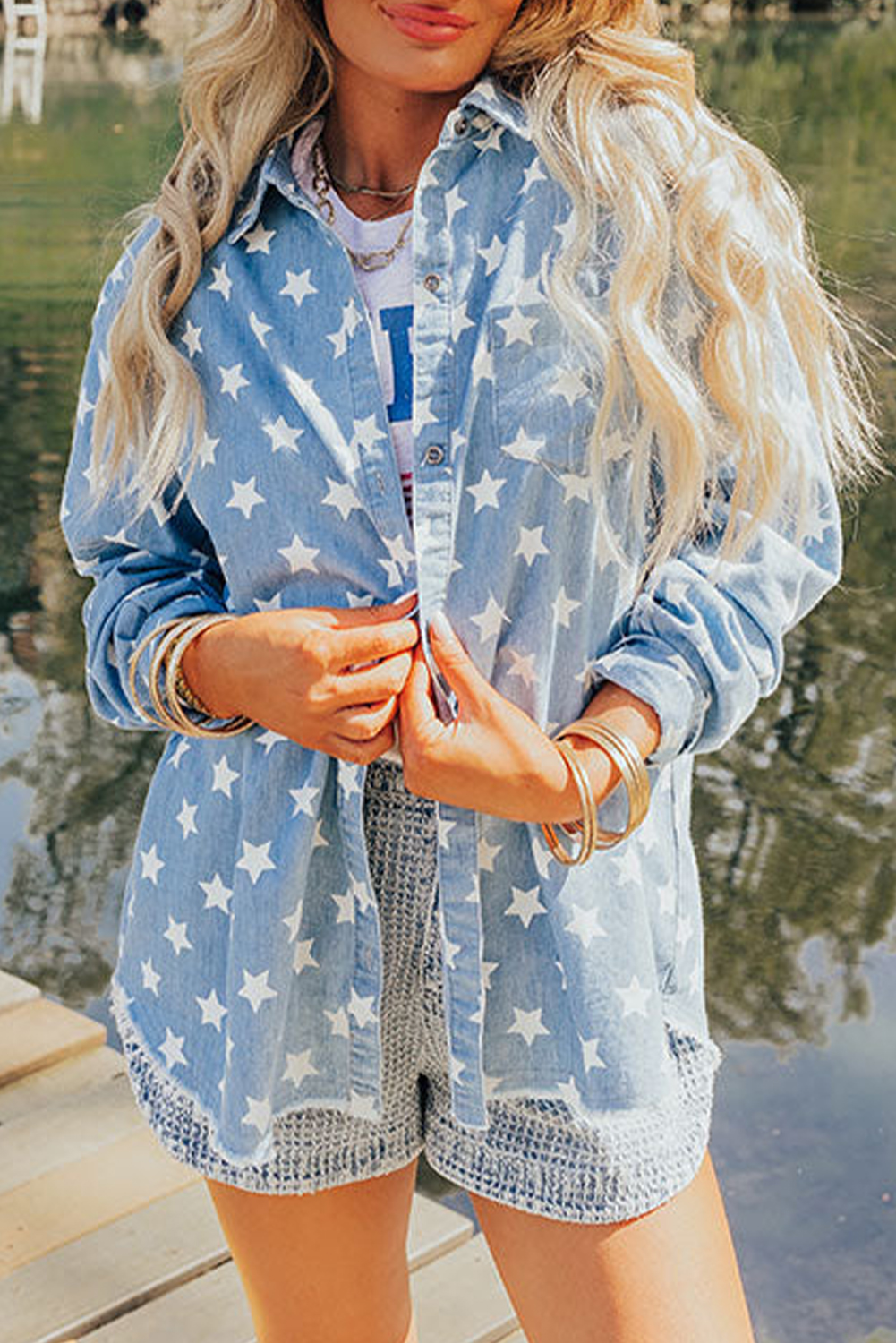 Sky Blue Star Print Light Wash Raw Hem Denim Jacket - loveforevers