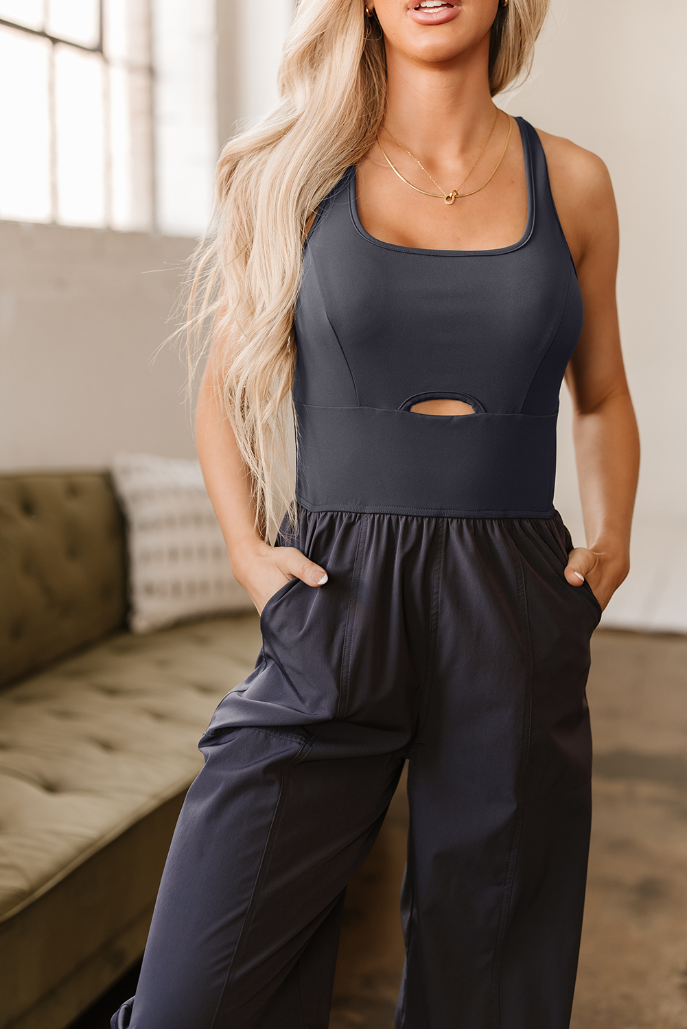 Carbon Grey Back Crossed Straps Hollow Out Jogger Jumpsuit - loveforevers