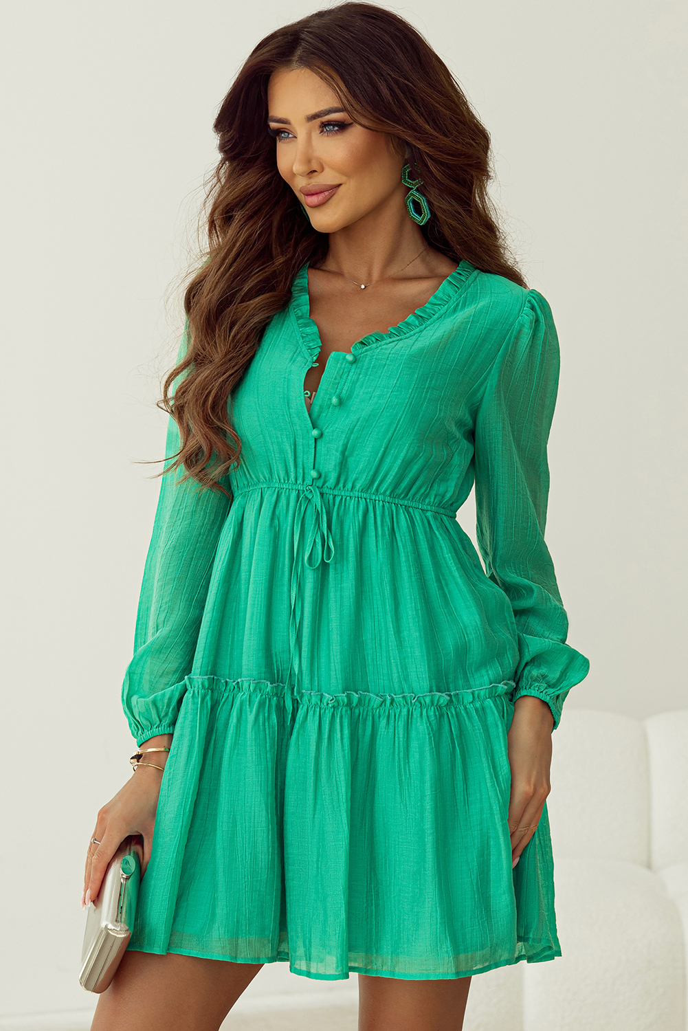 Sea Green Frilly V Neck Puff Sleeve Drawstring Shift Mini Dress - loveforevers