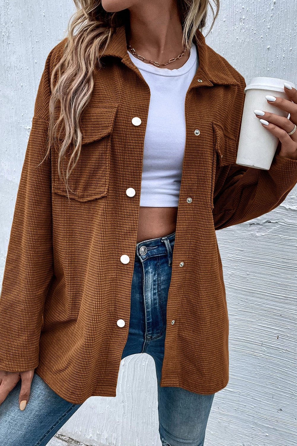 Brown Textured Flap Pocket Drop Shoulder Shacket - loveforevers