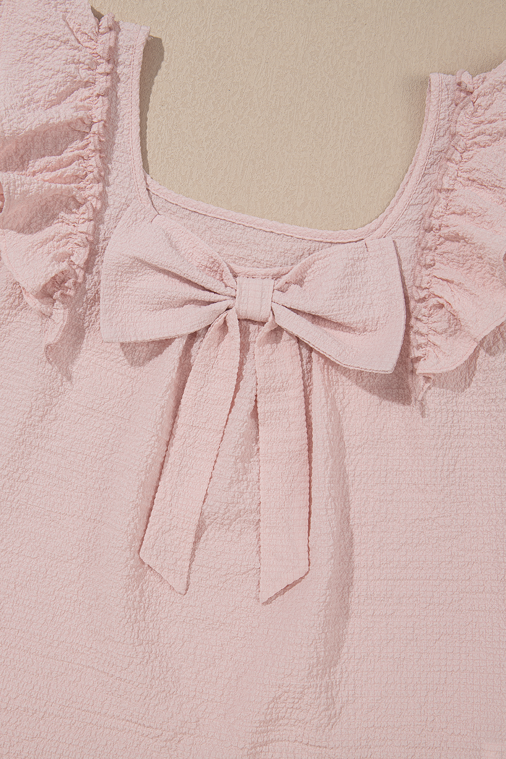 Beau Blue Textured Bow Knot Frilled Butterfly Sleeve Blouse - loveforevers