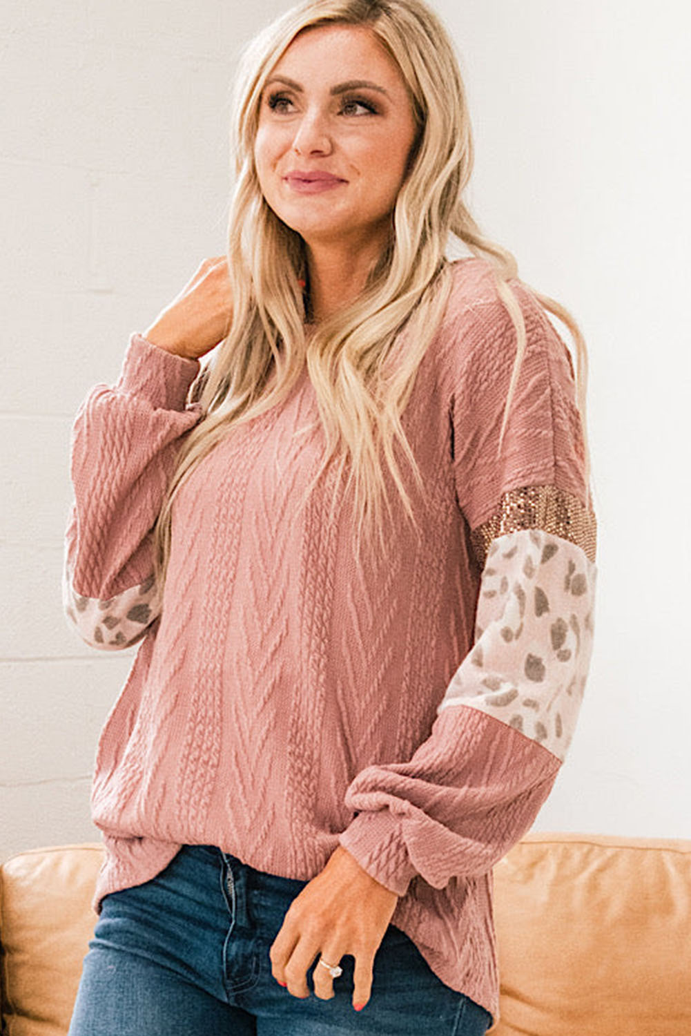 Pink Leopard Sequin Splicing Sleeves Textured Knit Top - loveforevers