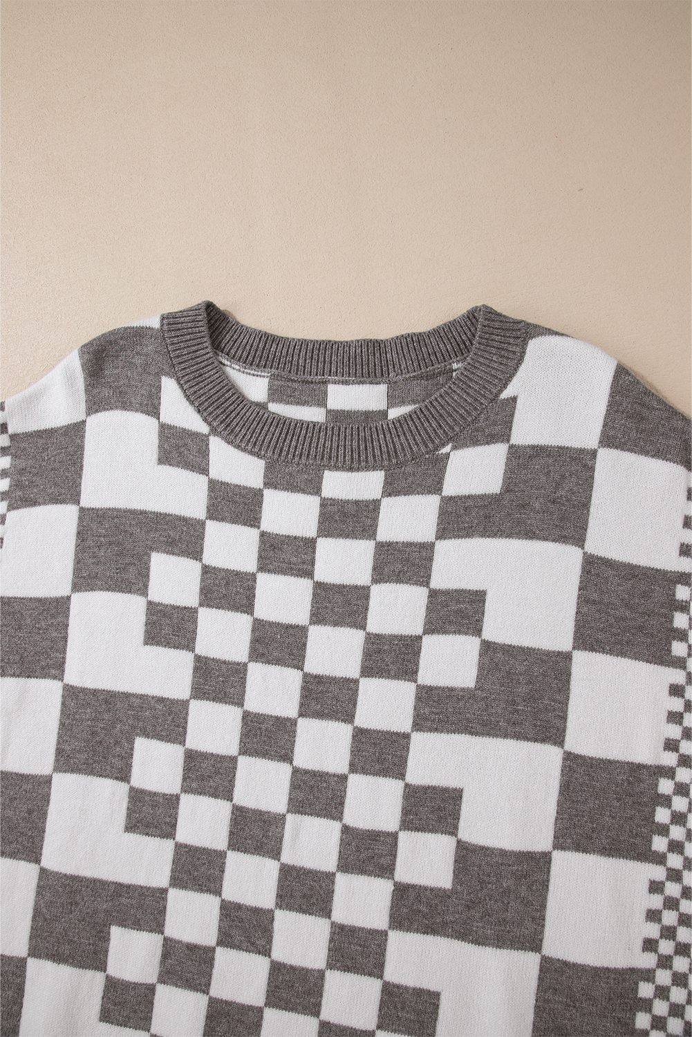 Khaki Checkered Print Drop Shoulder Round Neck Sweater - loveforevers