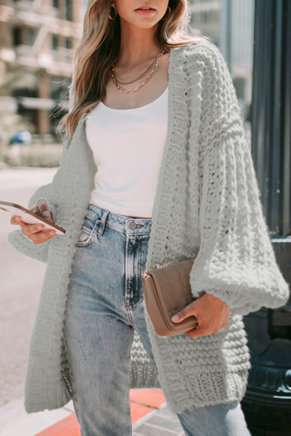 Gray Chunky Oversize Knit Drop Shoulder Puff Sleeve Cardigan - loveforevers