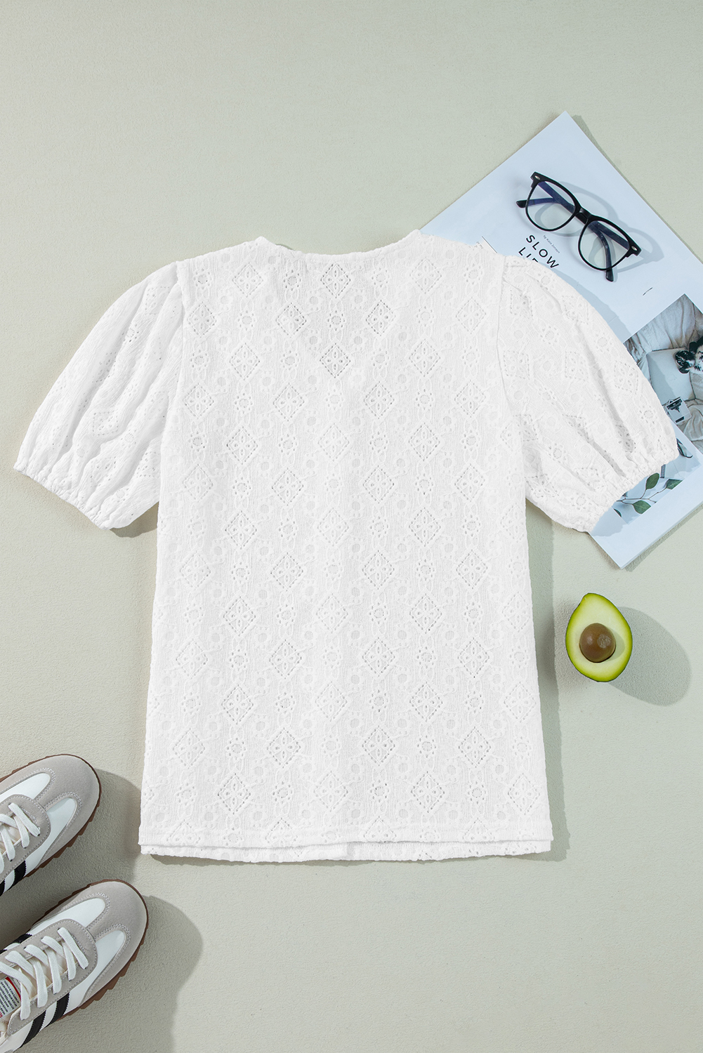 White Lace Puff Sleeve V Neck Button Up Shirt - loveforevers