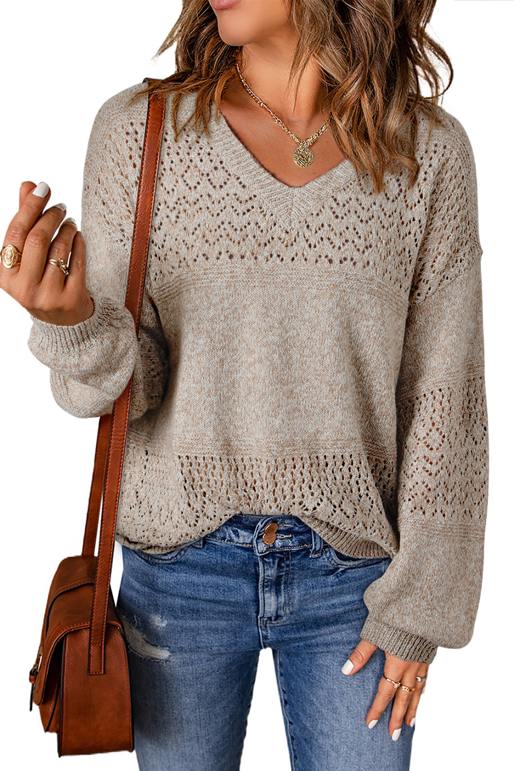 Sky Blue Eyelet Pattern Detail V Neck Drop Shoulder Sweater - loveforevers