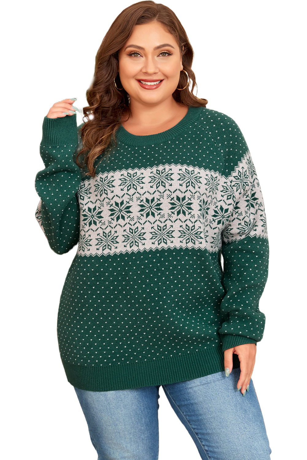 Green Christmas Snowflake Dotted Print Round Neck Sweater - loveforevers
