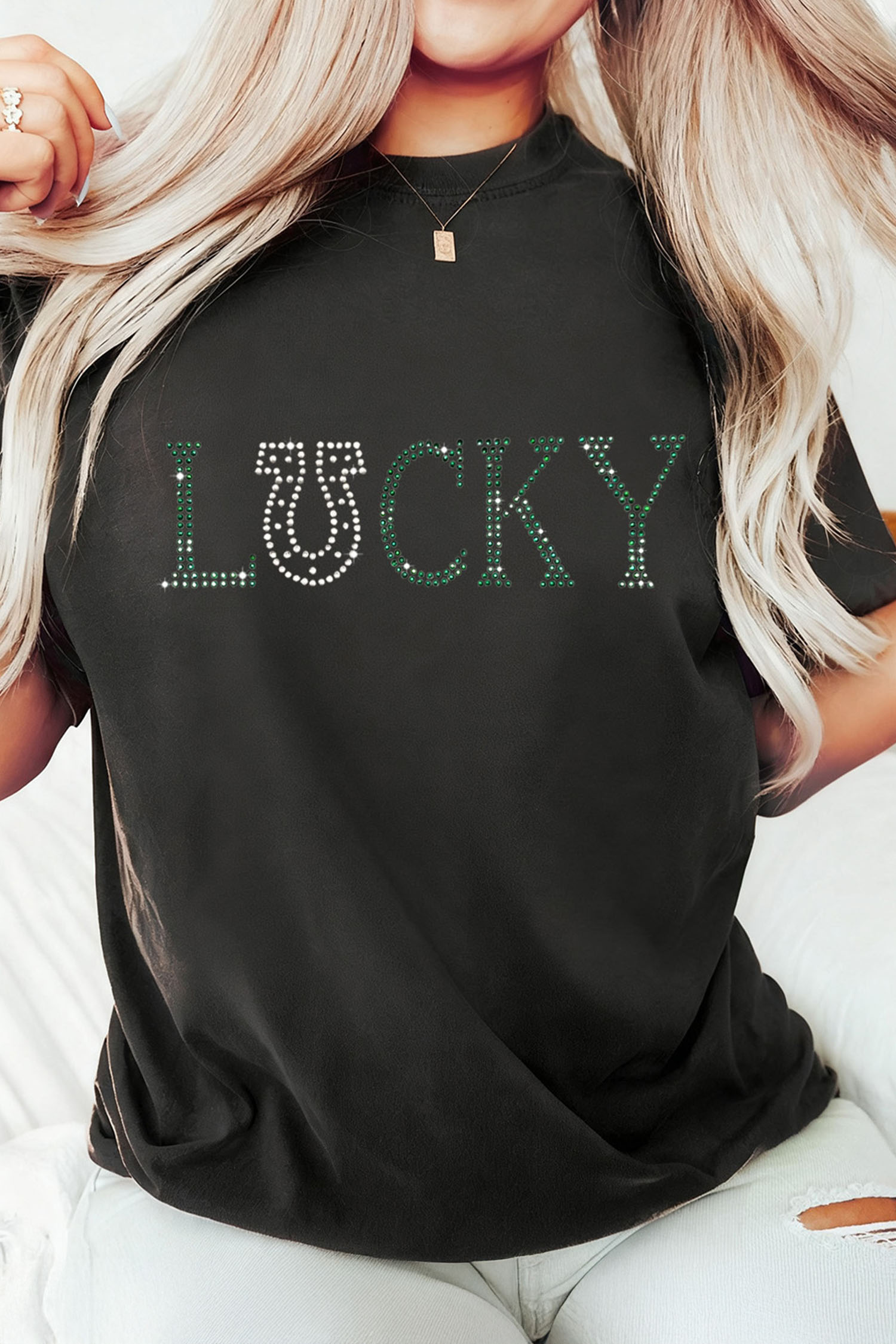 Black LUCKY Rhinestone Graphic Rolled Sleeve Tee - loveforevers