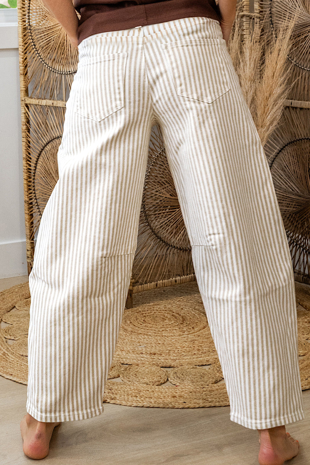 Khaki Stripe Casual Barrel Jeans - loveforevers