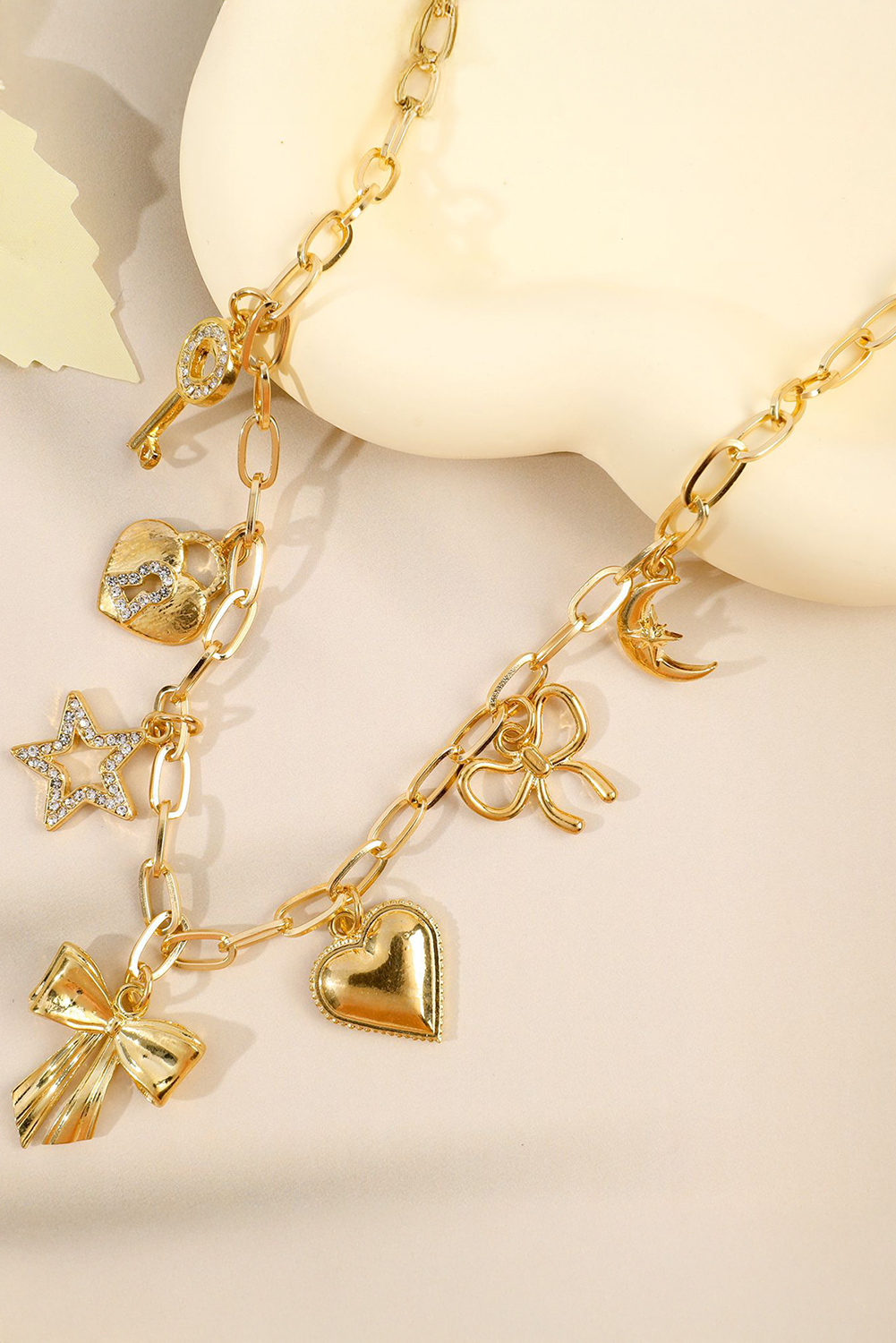 Gold Bow Heart Star Key Charm Alloy Adjustable Chain Necklace - loveforevers