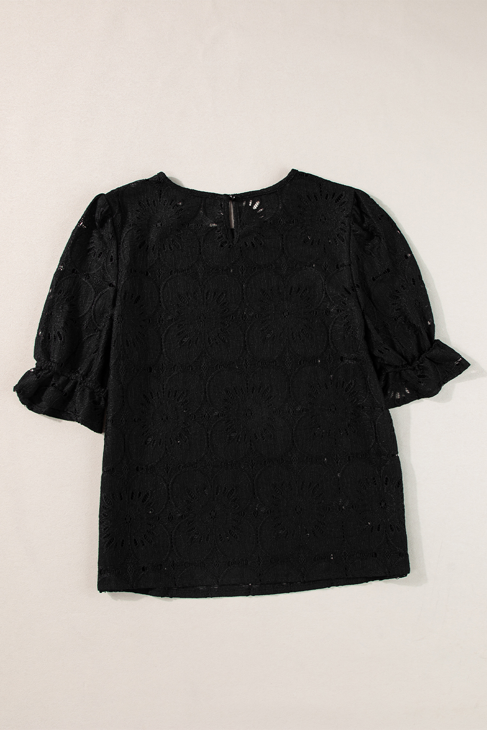 Black Flower Eyelet Jacquard Keyhole Flounce Sleeve Top - loveforevers