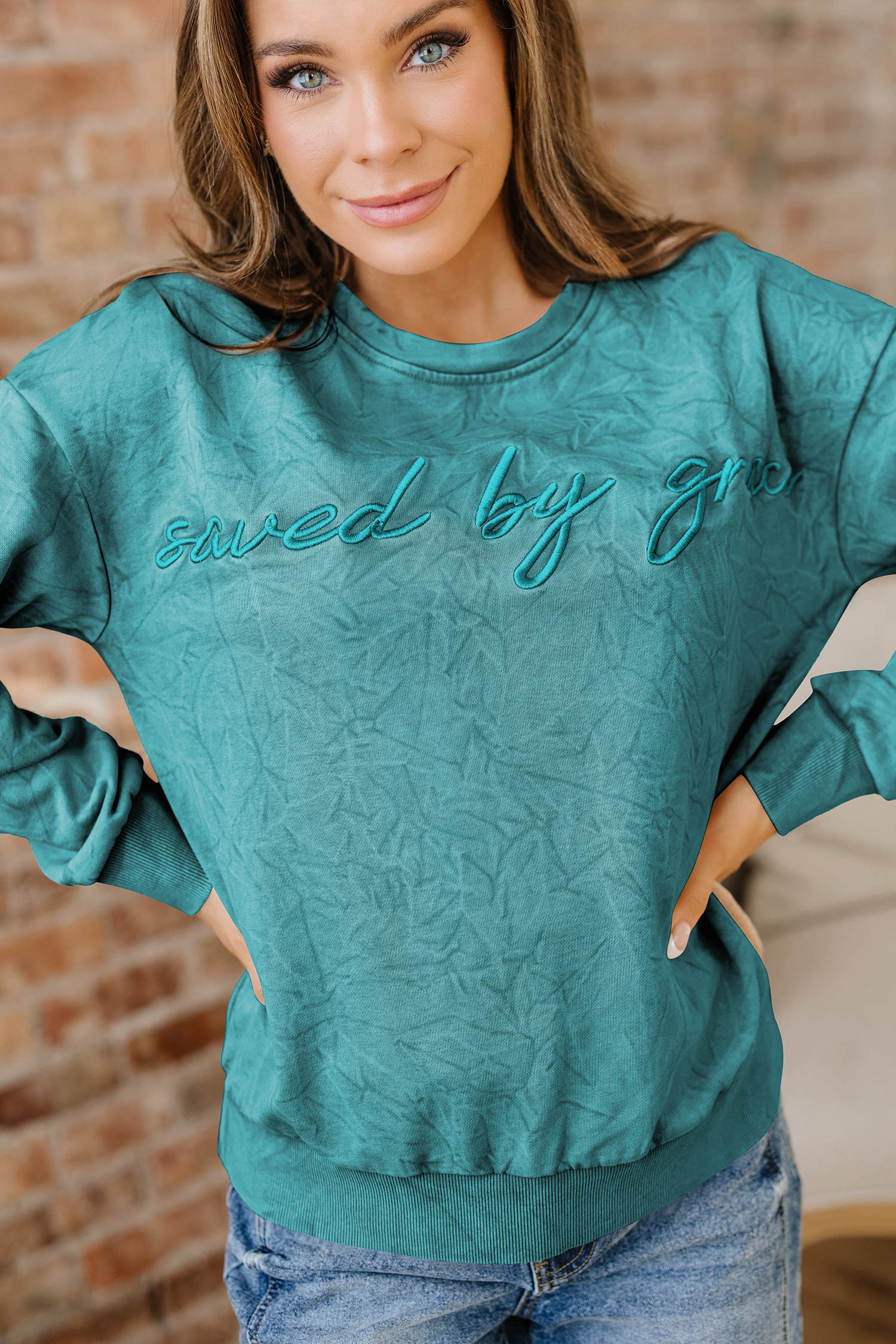 DUNE saved by grace Letter Embroidery Mineral Wash Loose Sweatshirt - loveforevers