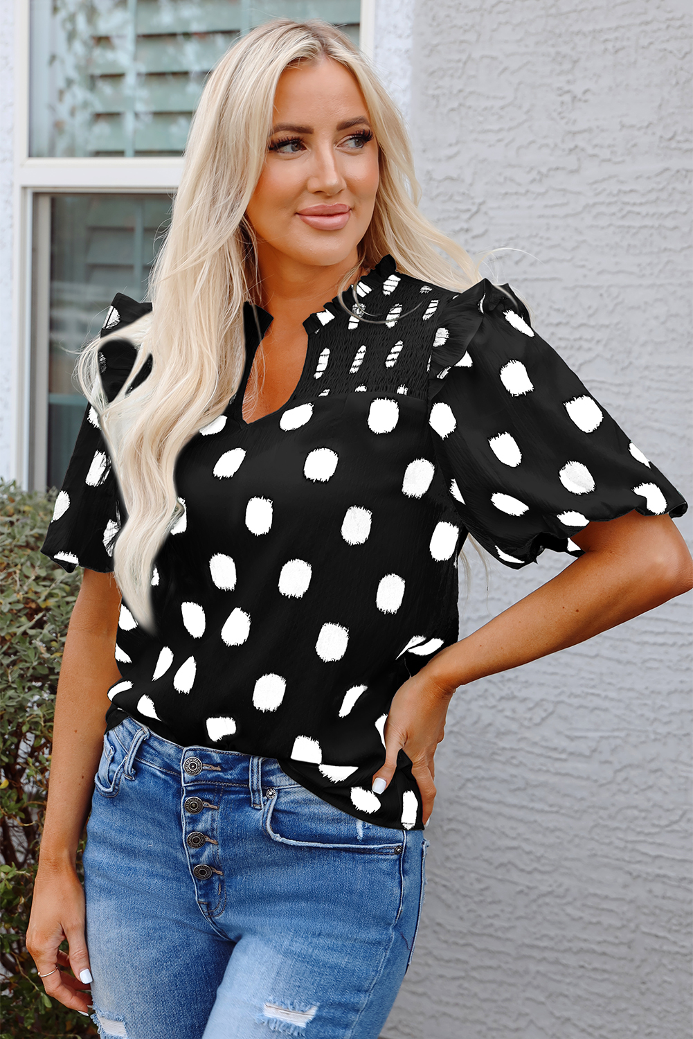 Black Polka Dot Print Shirred Yoke Notched Neck Balloon Sleeve Blouse - loveforevers