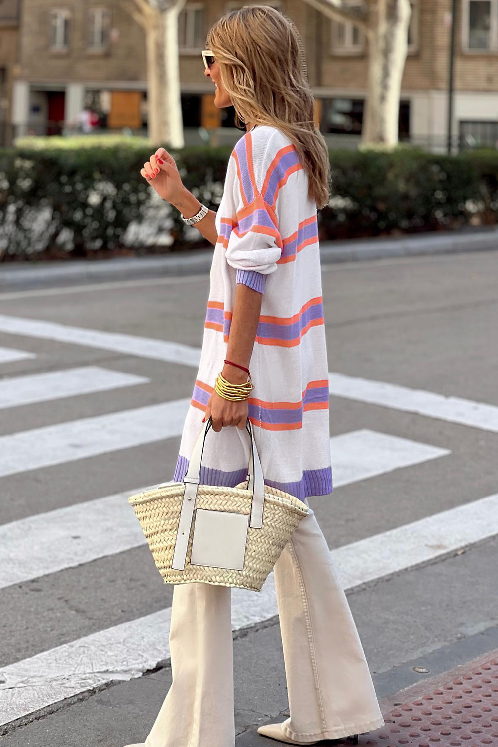 Beige Striped Long Sleeve Ribbed Trim Button Cardigan - loveforevers