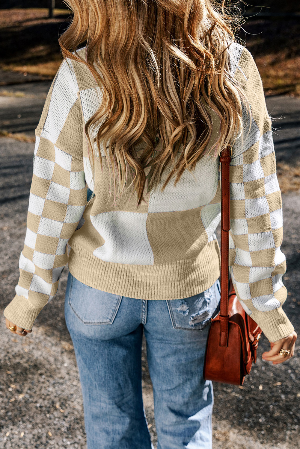 Flaxen Checkered Print Drop Shoulder Sweater - loveforevers