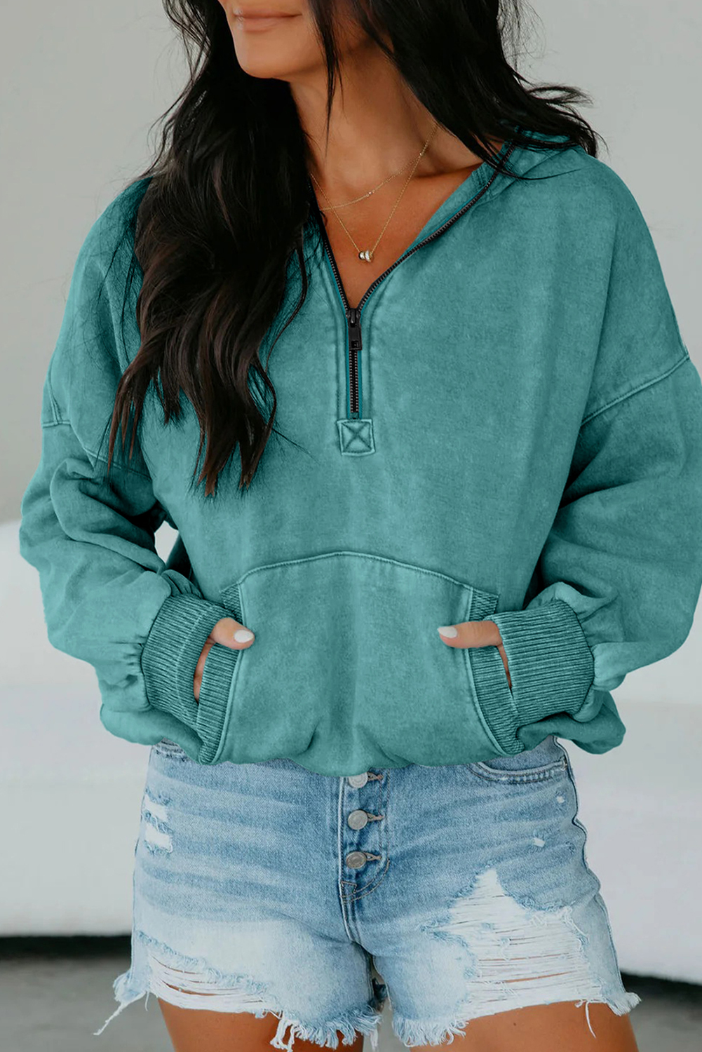 Canton Half Zip Kangaroo Pocket Mineral Wash Baggy Hoodie - loveforevers