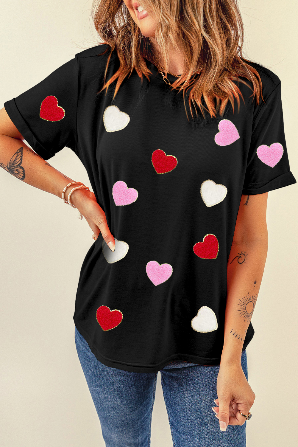 Black Valentines Chenille Heart Patched Pattern Crewneck Tee - loveforevers