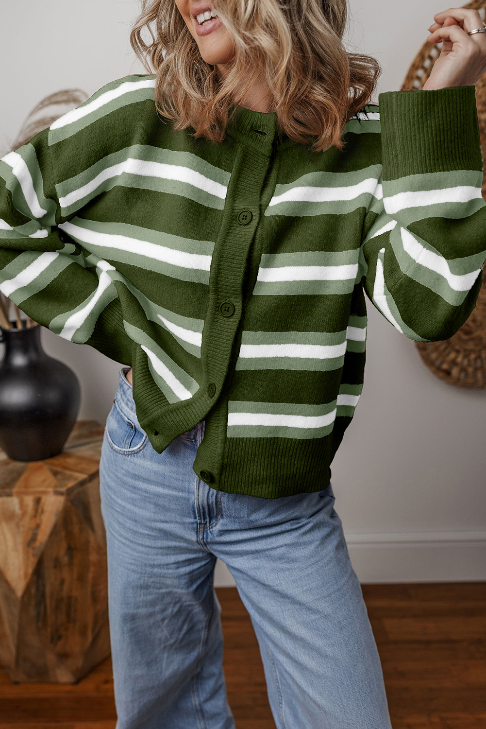 Green Stripe Drop Shoulder Buttons Cardigan Sweater - loveforevers
