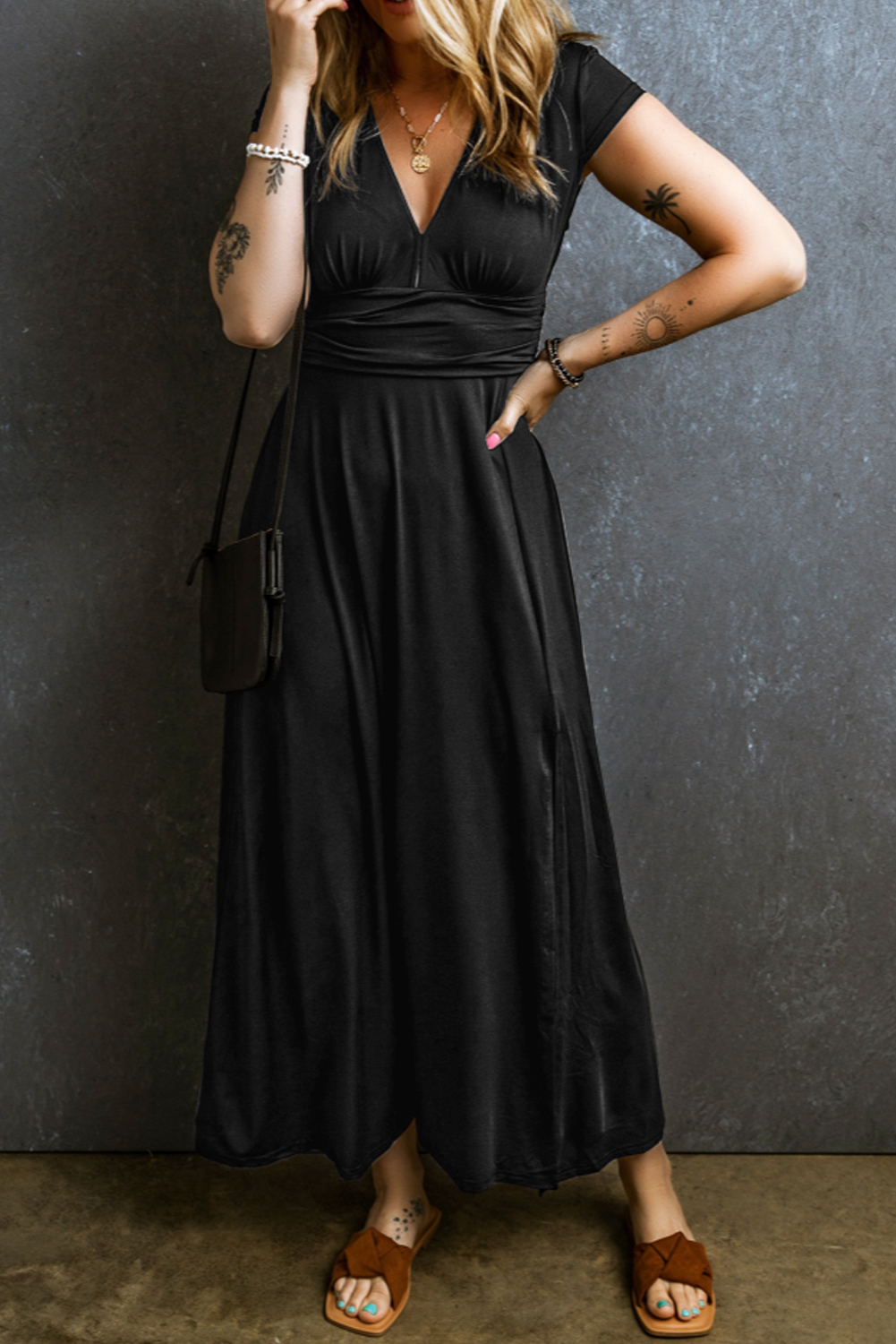Black Short Sleeve Shirred High Waist V Neck Maxi Dress - loveforevers
