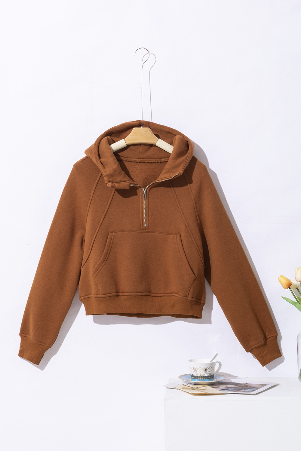 Brown Quarter Zip Kangaroo Pocket Hoodie - loveforevers