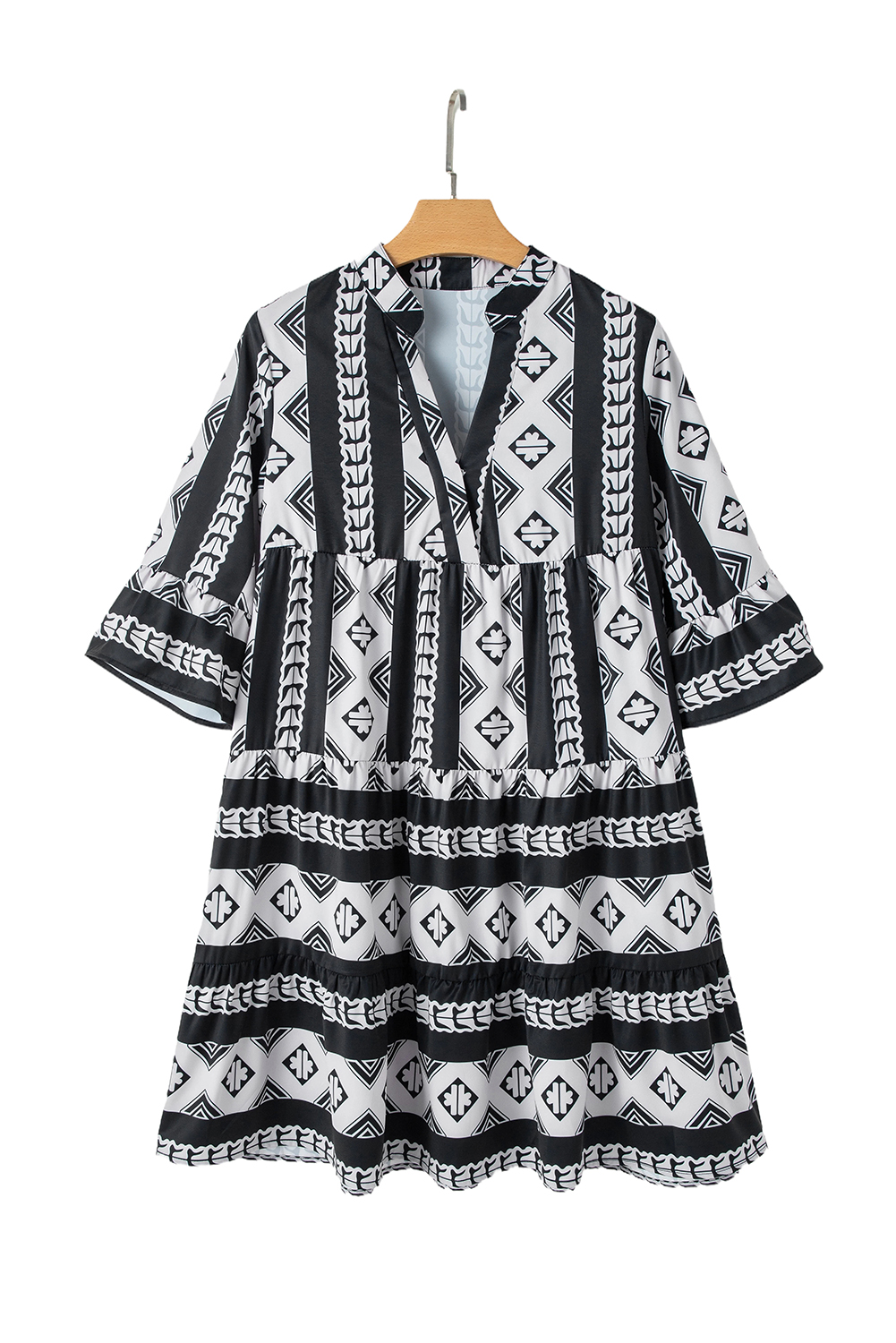 Black Geometric Print V Neck Ruffled Dress - loveforevers