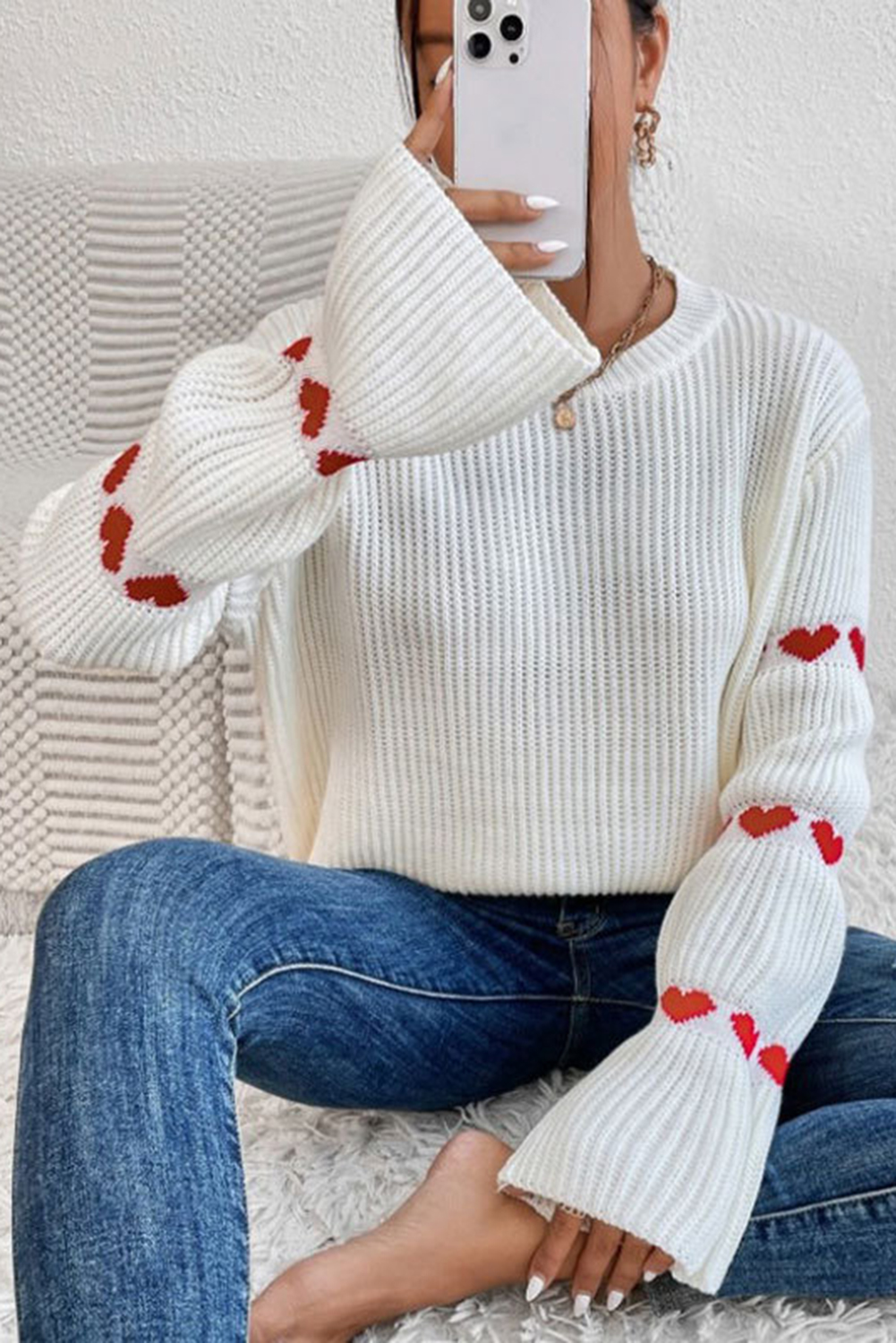 White Heart Shape Bell Sleeve Valentine Sweater - loveforevers